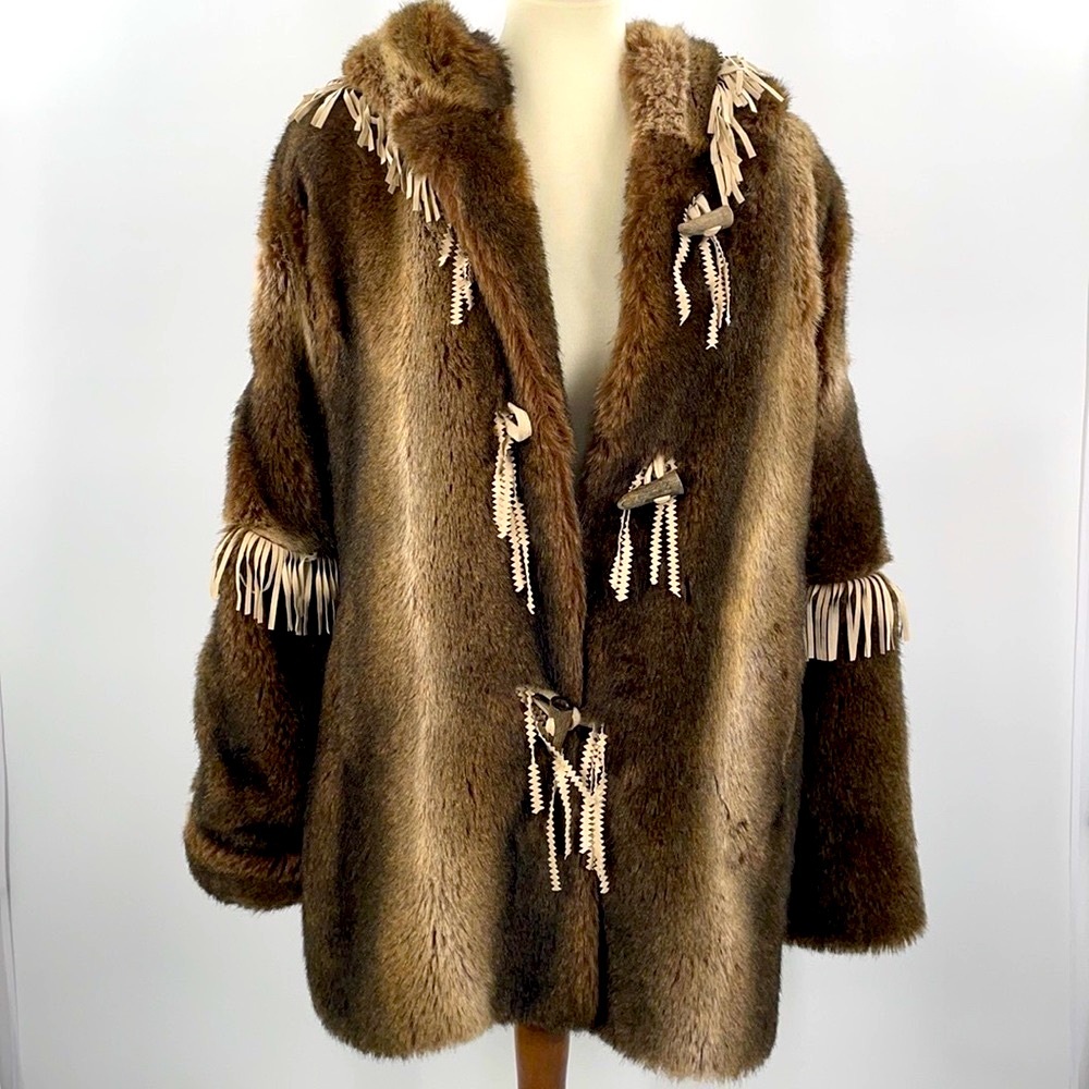 OLEG CASSINI FAUX FUR HOODED JACKET FRINGE SZ S